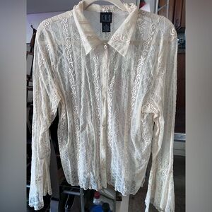 Vintage Style Sheer Bell Sleeve Collared Button Up Blouse